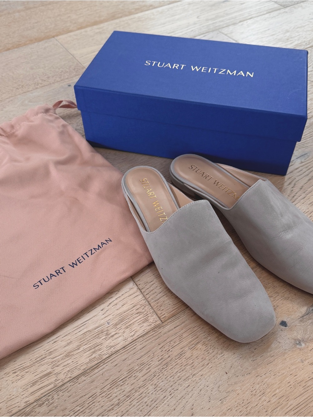 Stuart Weitzman Mulearky Light Taupe Suede Slip-On Mules